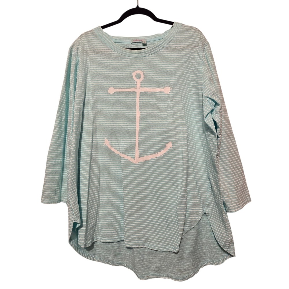 Fresh Produce Cotton Striped Anchor Top Women's XXL Mint White USA Beach Coastal